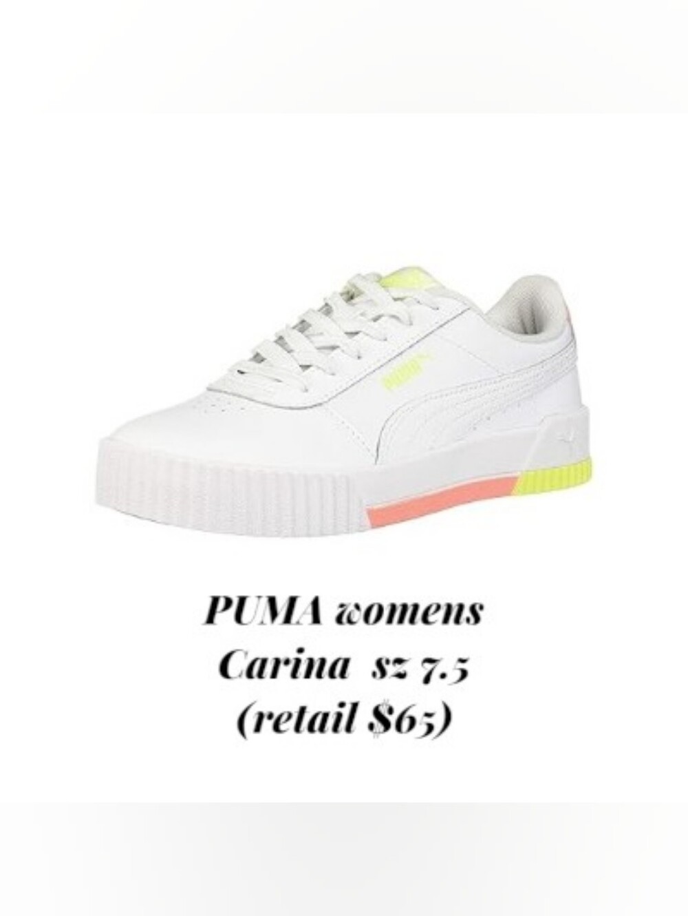 ❌Puma Women's White Leather Sneakers with Neon Yellow and Coral Accents